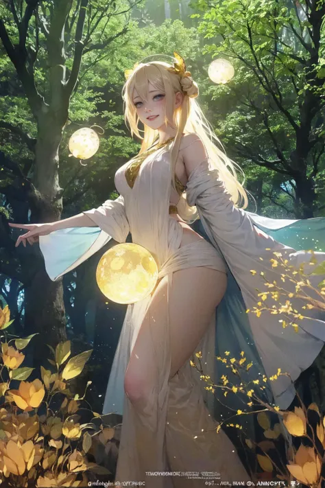 1 girl, ,,Simple smile, High-definition images, A woman, Her hair is decorated with glowing fireflies, There is a charming light in the eyes. Wearing a robe woven from moonlight, She stood in a mysterious forest，The trees come alive. on site, Bathed in the...