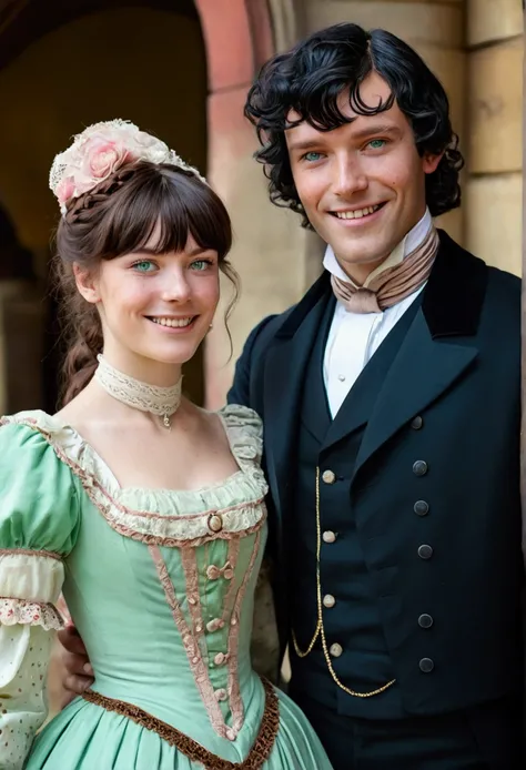 Woman with brown hair and bangs, victorian style hairstyle, Victorian era dress with freckles on her face and light green eyes with her husband at a period ball. Black hair man, clear blue eyes and smile with period suit.