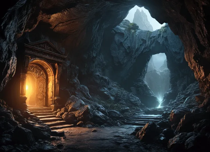 (masterpiece:1.2), (Highest quality,:1.2), 8k, High resolution, Super detailed, ((Realistic)), Professional Light, Cinema Lighting,Ambient Lighting,All details, Fantasy, Stygian Mountains々Mysterious entrance to a dark and eerie cave in, Spectacular photos