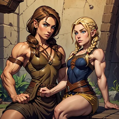 Small halfling female with short brown hair sitting on the shoulders of a muscular woman with blonde braided hair.