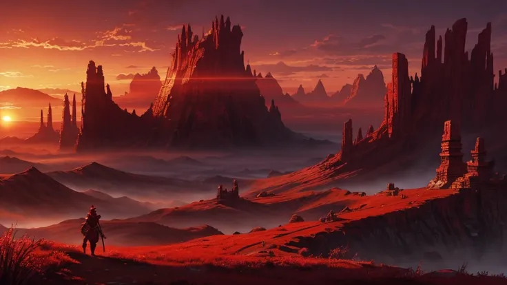 a crimson sunset dyeing the environment in shades of red (digital art, fantasy art, RPG art)