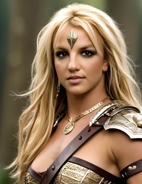 britney spears como princesa guerreira, xena princesa guerreira, mulher amazona, armadura de ouro e couro best qualityer, realis...