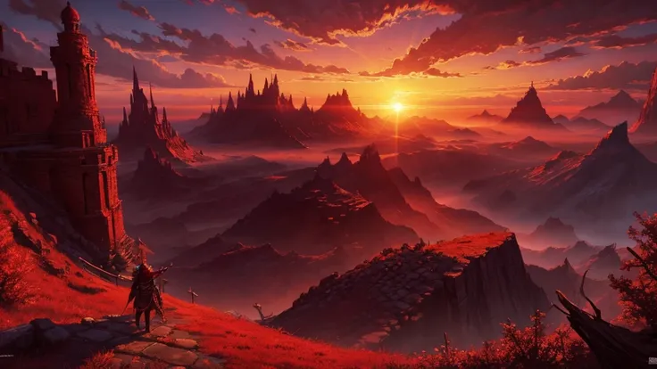 a crimson sunset dyeing the environment in shades of red (digital art, fantasy art, RPG art)
