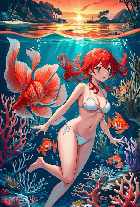 Underwater tracks and crossings、Giant goldfish swimming around、A girl in a white bikini is standing at a railroad crossing waiting、Seaweed、Coral、Colorful scenery、8k、High quality、Glittering water surface、Sunset、Underwater Images、