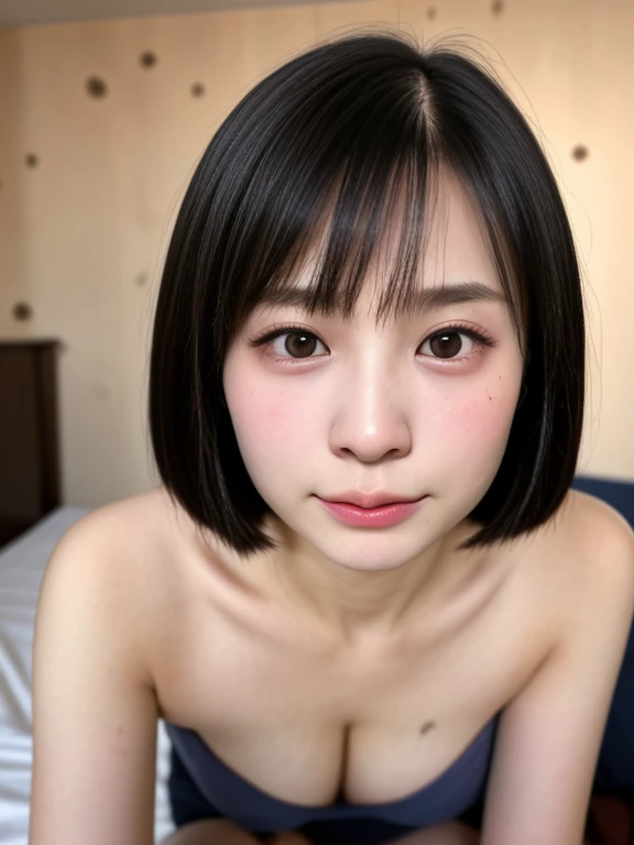 NSFW, (kawaii 24 year-old Japanese girl, Nogizaka idol, Korean idol), healthy female athlete body, (glossy black hair, short hair, pixie cut, bangs:1.3), (rounded face, beautiful black eyes, single eyelid, no makeup, half closed eyes, looking down to out o...