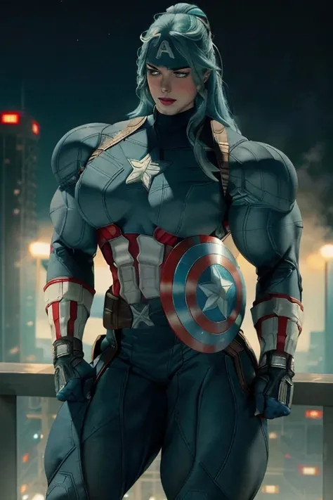 (((Close-up))), tall, (cyan blue hair) beautiful muscular woman, long beachy hair, pale white skinned, (closed smile), large breast, (black lipstick), (massive muscles), (hyper muscle), ((ginormous bulky muscles)), purple eyes, (((cyan captain America suit...