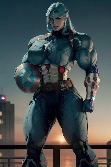 (((Close-up))), tall, (cyan blue hair) beautiful muscular woman, long beachy hair, pale white skinned, (closed smile), large breast, (black lipstick), (massive muscles), (hyper muscle), ((ginormous bulky muscles)), purple eyes, (((cyan captain America suit...