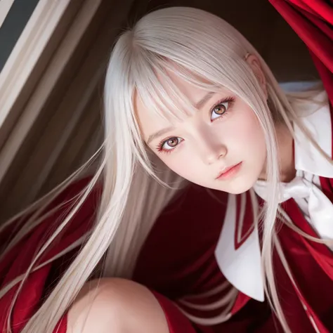 White long hair,Red eyes,Young Girl,Low - Angle