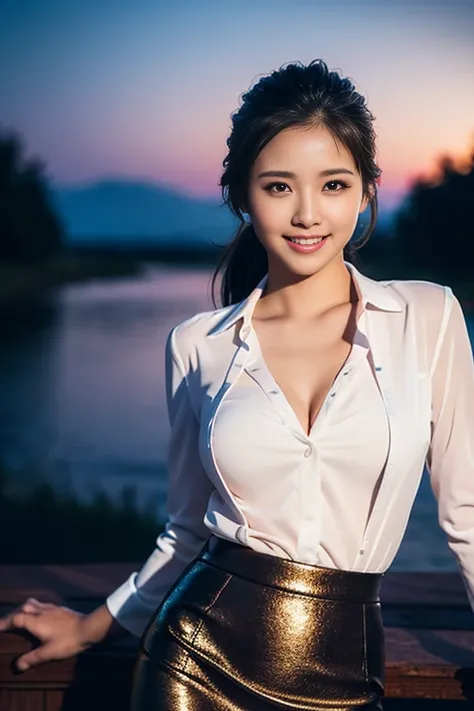 (a gorgeous lady, age 20s, Formal Skirt Suit with Blouse, posing naturally under night sky, dimpled smile, short ponytail, cute snaggleteeth, ample round bosom, huge breasts, perfect body anatomy, photorealistic, beautiful detailed eyes, hyper-realism, hig...