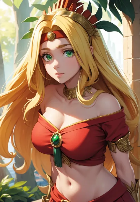 quetzalcoatl, quetzalcoatl, long hair, sidelocks, yellow hair, (green eyes:1.5), wavy hair, (large breast:1.2),
BREAK aztec, bracelet, choker, headband, headdress, jewelry, midriff, navel, short sleeves, wristlet,
BREAK looking at viewer,
BREAK outdoors,
B...