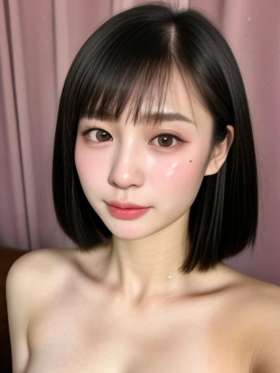 NSFW, (kawaii 24 year-old Japanese girl, Nogizaka idol, Korean idol), healthy female athlete body, (glossy black hair, short hair, pixie cut, bangs:1.3), (rounded face, beautiful black eyes, single eyelid, no makeup, half closed eyes, looking down at somet...