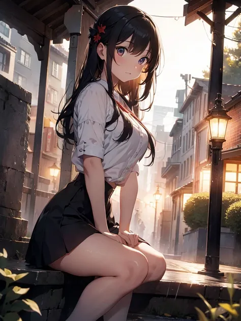 (Extremely detailed CG unity 8k wallpaper), Beautiful young woman in the rain, skirt, sit, Cemetery with lanterns,, full_Body_shooting, dramatic, Backlight, Light, Volumetric Lighting, Delicate face, Very detailed, 