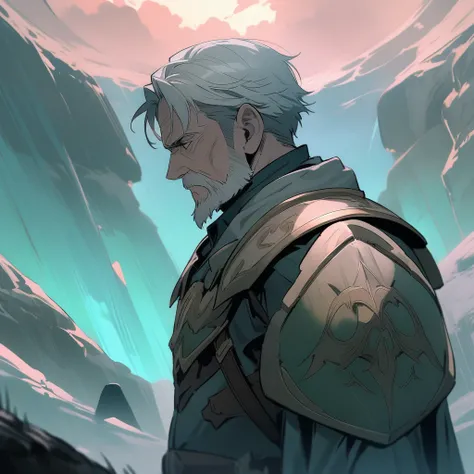 (masterpiece),(best quality),very aesthetic,(pastel color,light coloring),1 old man,Gray-haired, bearded old man,Sober face in the style of mob characters,(expressionless),Armor of the Legendary Heroes,sword of the Legendary Heroes,shield of the Legendary ...