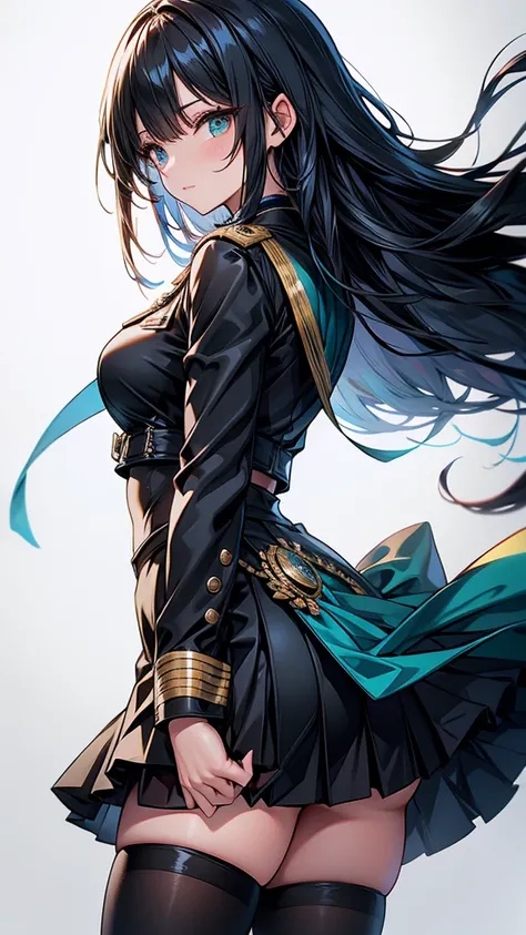 Adult female　long hair　bangs　Hime cut　Black Hair　expensive　face　Dark green German military uniform　Tight Skirt　slit　spats　Hold the sword at your waist　battlefield