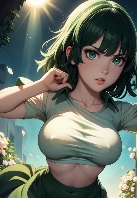 realistic, 1girl, Fubuki, green hair, green eyes, big round breasts, pure white skin, shining eyes, dark green crop top, dark green skirt, parted lips, rouge, night, flowers, sun, sunshine