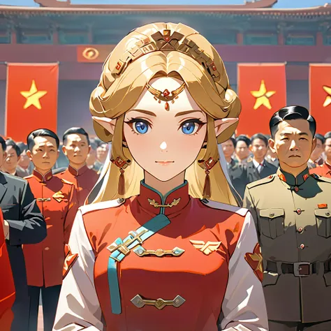 ((Highest quality)), ((masterpiece)), (detailed), （Perfect Face）、The woman is a Chinese Princess Zelda, a blonde Chinese woman with blue eyes who is wearing an engagement ring. She has become a member of the glorious Chinese Communist Party and has sworn a...