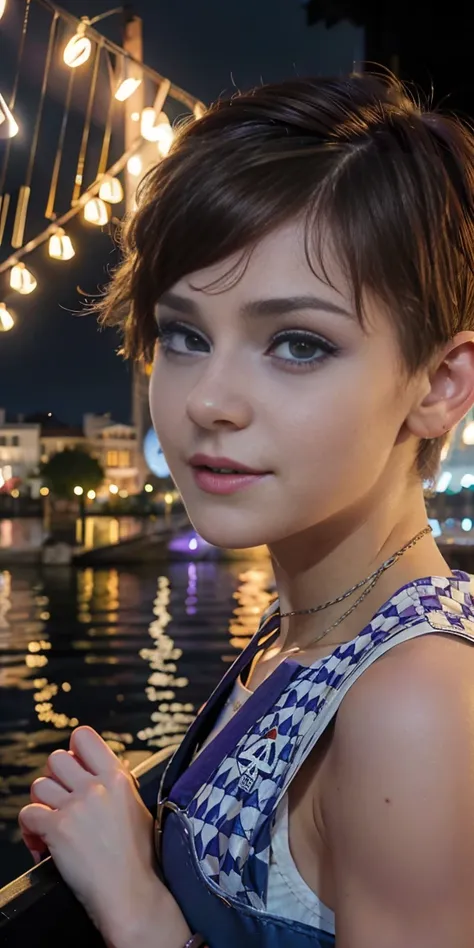 Photo of a 17-year-old European girl, .RAW, beautiful woman,pecas en mejillas ,hermosos  ojos azules(Light brown hair pixie haircut),corte de cabello pixie ((retrato)), ((Cara detallada:1.2)), ((Detailed facial features)), (Piel finamente detallada), Pale ...