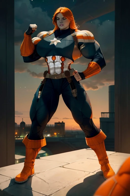 (((Close-up))), tall, (orange hair) beautiful muscular woman, long shaggy hair, pale white skinned, (closed smile), large breast, (black lipstick), (massive muscles), (hyper muscle), ((ginormous bulky muscles)), green eyes, (((orange captain America suit))...