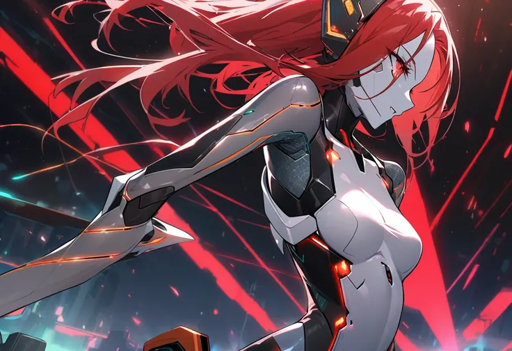 science fiction, android girl(metallic skin, cyber joint, coating red hair)