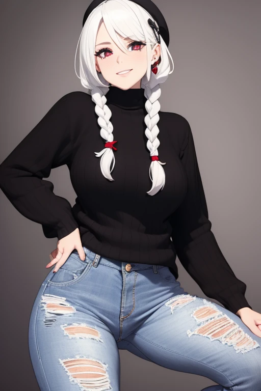 girl with white hair, Eyes red, drlight smile, ear flush, bangss, curly hair, Side braid, areola, beret, black sweater, jeans, grandes seios e nadegas na jeans, 8k, super detaill, precise, best qualityer