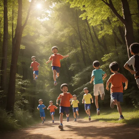 "A group of children, including a happy boy, running and playing in a bright forest."