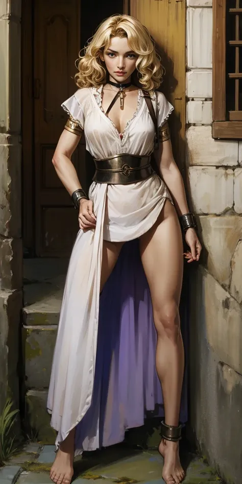 (forrest:face:lora)(long curly blonde hair) whole body, barefoot, Alone, female, big chest, linen tunic, fantasy town, armor, Handcuffs on hands with a collar around the neck, hands on the hips, slave ((black choker, leg and arm shackles))