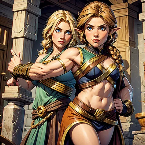 Small halfling female with short brown hair AND muscular viking woman with blonde braided hair. 2 characters. Dungeons and dragons characters. Fantasy.