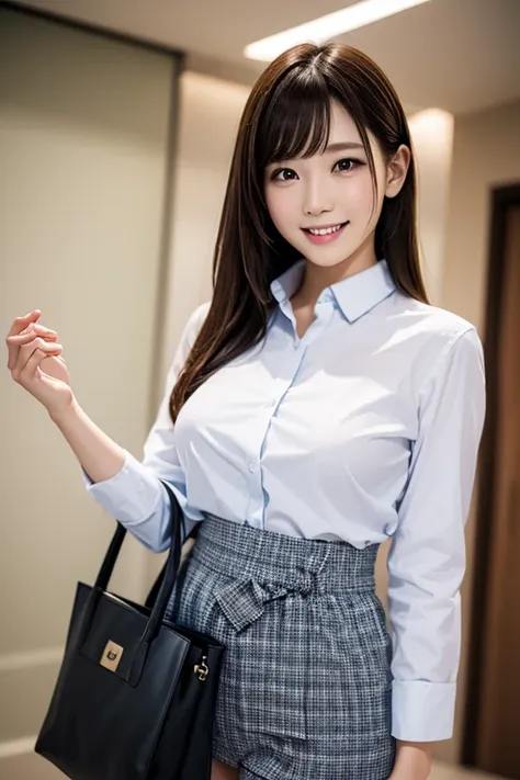 1girl, ((shirt lift)), bag, bangs, standing, black eyes, shiny skin, light smile, masterpiece, best quality, ultra quality, high...