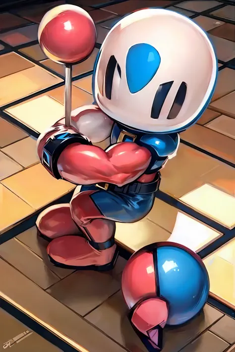 muscular,bomberman,white head、pink ball hand