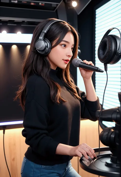 "A beautiful young girl, podcast host, is in the center of a modern, well-lit studio. She is excited and focused while hosting her show. She uses a professional microphone and high-quality headphones, and is dressed stylishly and casually. The studio is co...