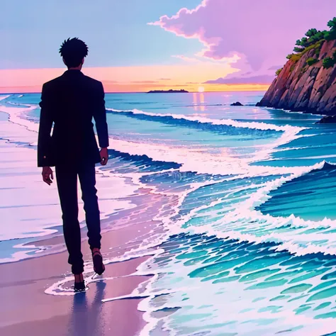 (top quality:0.8)、(top quality:0.8)、perfect anime illustration, pair, walking hand in hand on the beach at night, view from the back, girl in a long tapered skirt and jacket, guy in trousers and T-shirt