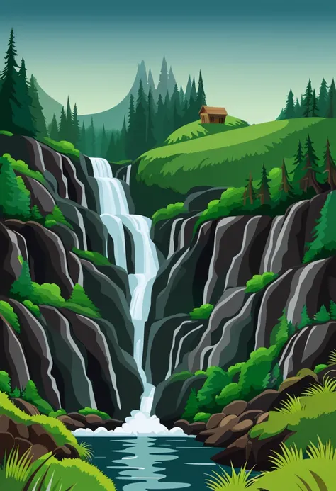 Illustration of waterfalls in the jungle islandia