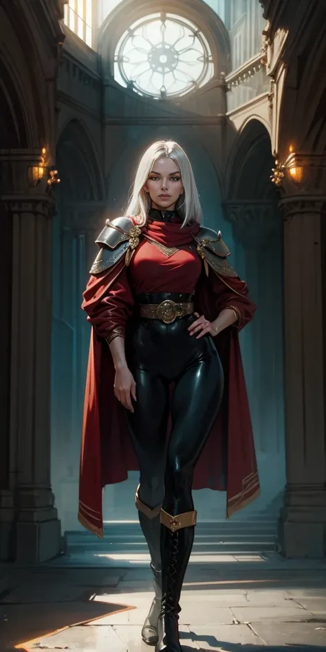 A woman with long platinum bob hair, arched crescent eyebrows, sharp and determined eyes, a delicate oval face, a serious expression, a fantasy-style dark green military coat, draped with a dark red waist-length cloak, military trousers, leather combat boo...