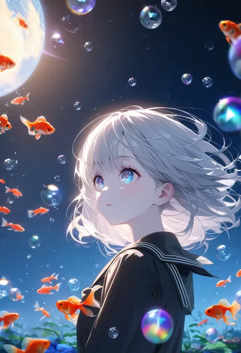 (woman\(student, 15 years old, ｊｋ, short hair, silver hair, floating hair, space-colored eyes, black sailor suit\(of high school...