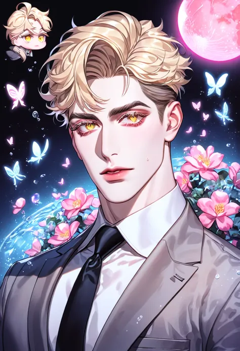 (absurdres, highres, ultra detailed, HDR) master piece, best quality, extremely detailed face, delicated features, Sung Hyunjae, ash-blonde hair, expressive yellow eyes, blonde eyelashes, The S-Classes That I Raised, solo, sexy man, handsome, gray suit, bl...