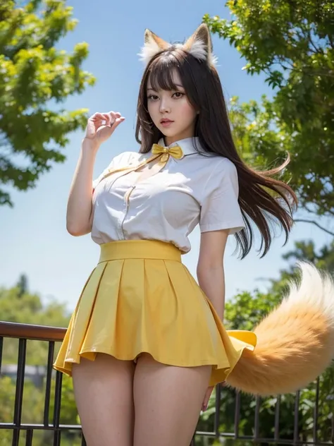 ((Highest quality, 8k)), ((masterpiece)), (Highest Resolution), Perfect Face, Fox Girl, high school girl, Beautiful woman, public, One tail, she has thick thighs, Big tail, She has a yellow fox tail., She wags her tail, Troubled face, Fur collar, She is we...