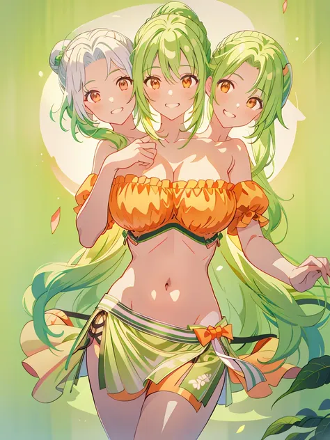 (masterpiece, best quality), best resolution, (3heads:1.5), 1girl, green hair, long flowing hair, smiling, grinning, open belly,...