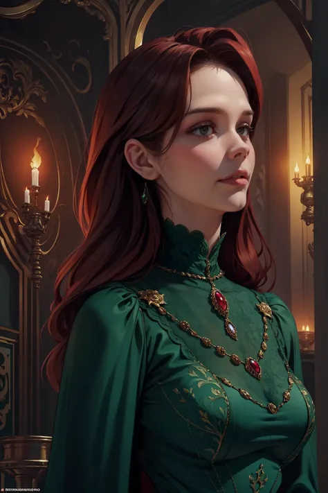 {-erro_de_anatomia:1.0} woman 40 years old, victorian era, queen clothes, (green dress), dark castle, a woman (alicent hightower...