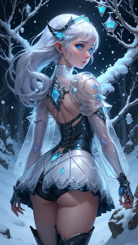 (rear view, backside view),(The best quality,A high resolution,Ultra - detailed,actual),The target,A world covered in silver,(ciborg mechanical plastic transparent :1.4) snow covered branches, winter chill touch, Snowflakes dance like elves, Turn the world...