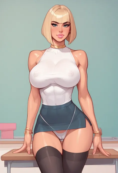 score_9, score_8_up, score_7_up, source_cartoon, 2d, high_quality, drawing range, girl 18yo, solo, blonde hair, (bob haircut), blue eyes, big breasts, pink lips, tight ass, wide hips, juicy legs, athletic legs, shiny body, slutty_clothes, black thigh highs...