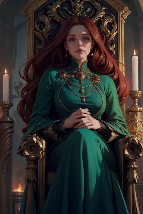 {-erro_de_anatomia:1.0} woman 40 years old, victorian era, queen clothes, (green dress), dark castle, a woman (alicent hightower...