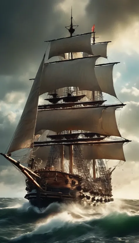 a pirate ship, enormous galleon ship, firing cannons at british naval ships, stormy ocean, cloudy sky, dramatic lighting, cinema...