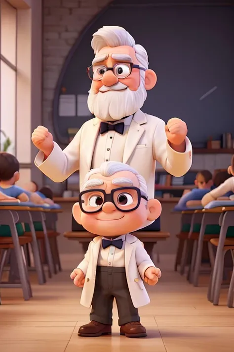 arms raised, Hands up, little man , profile position, shorty, sorgiggling, giggling, chatterbox, 70 years old, He has a white beard, white mustache, White hair, teacher, wearing white coat and bow tie, wear glasses, Hands on waist, very angry