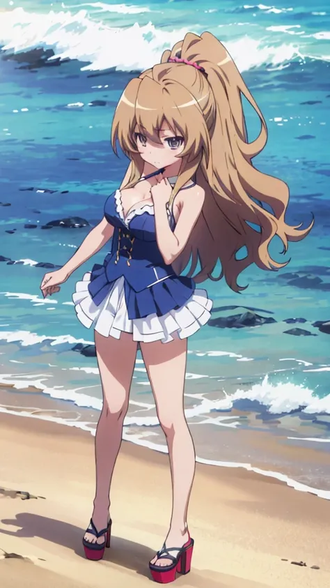 Taiga girl Aisaka, 18 years old, big breast and open sexy platform high heels in blue color posing on the beach