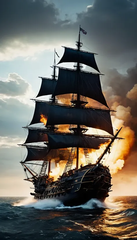 ((two ships one pirate one british fighting amidst cannon fire, smoke, a huge galleon, pirate insignia skull and crossbones:1.4,...