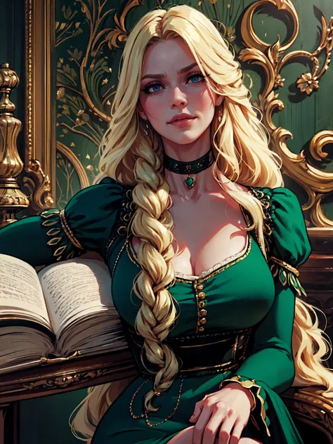 {-erro_de_anatomia:1.0} woman 40 years old, victorian clothes, (green dress), a woman (johanna constantine), very long blond hai...