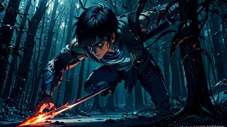 medium shot of a male warrior with fiery face, dark hair, blue eyes, intense dark armour, wielding a sword, in a forest, muscula...