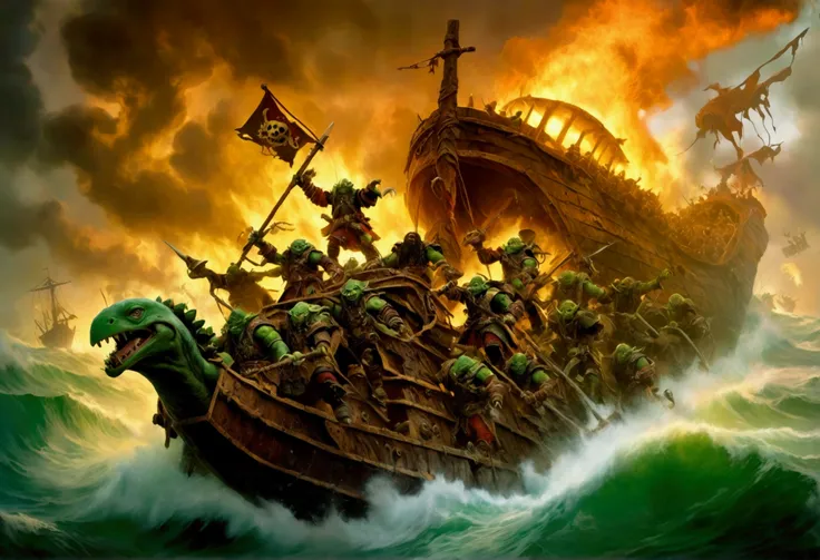 Warhammer Fantasy, Ork Pirates riding an enormous vicious turtle storm an Elven ship battling the crew and setting fires
