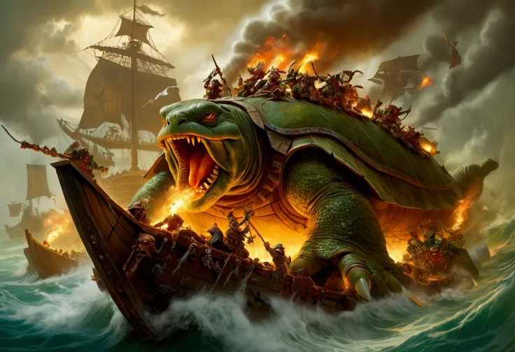 Warhammer Fantasy, Ork Pirates riding an enormous vicious turtle storm an Elven ship battling the crew and setting fires
