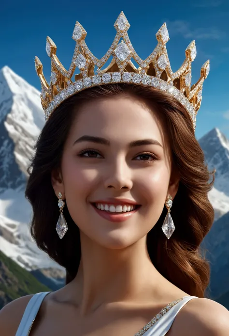 Hyper realistic faces, an extremely beautiful woman with a mountain in the background that penetrates the beautiful girls full body, charming smile, unbeliveable realistic white teeth, diamond crown, beautiful surreal fantasy art, beautiful digital art, br...